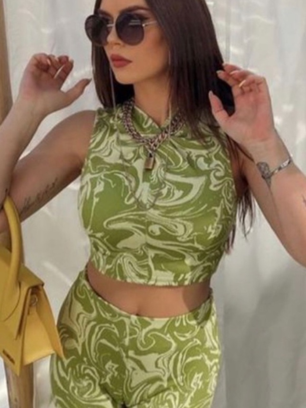 Zara Olive Green Marble-Print Twist-Front Camisole Top